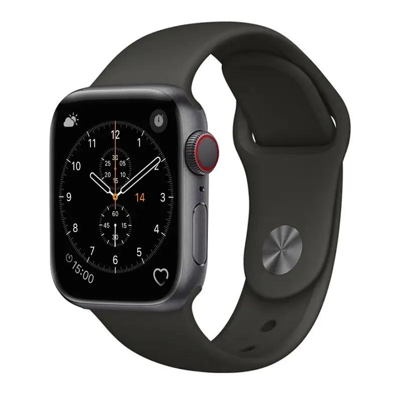 Musta Apple Watch klassisella analogi kellotaululla ja tumman harmaalla hihnalla