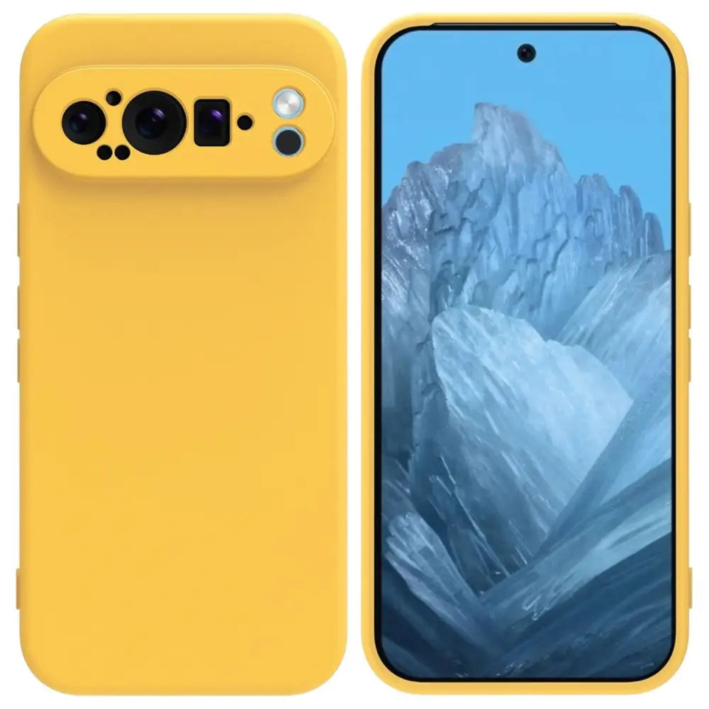 Keltainen Google Pixel 9 Pro XL Silikonikuori kameraleikkauksella ja vuoristokuvalla