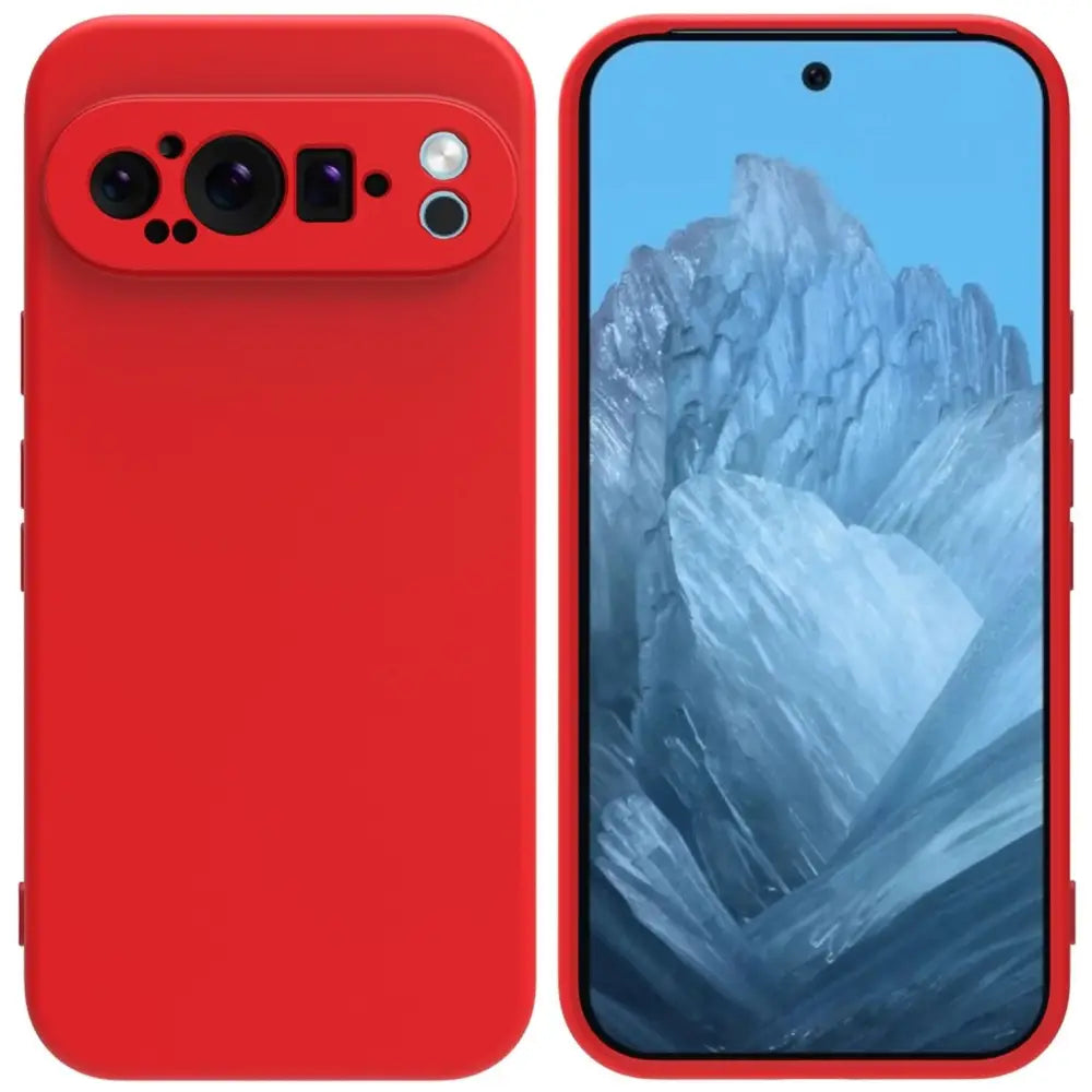 Punainen Google Pixel 9 Pro XL Silikonikuori kolmella kameralla ja lumihuippuisilla vuorilla