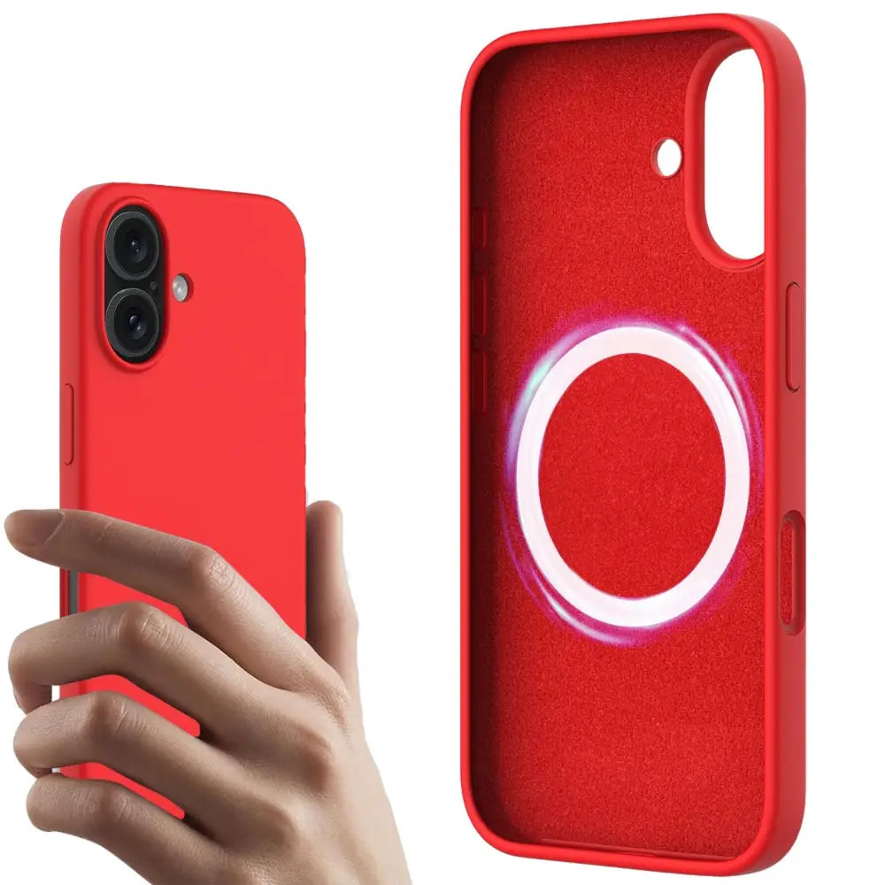Punainen iPhone 16 MagSafe suojakuori magneettisella latausrenkaalla