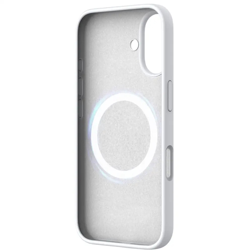 Valkoinen iPhone 16 MagSafe Suojakuori näkyy MagSafe-latausrenkaalla