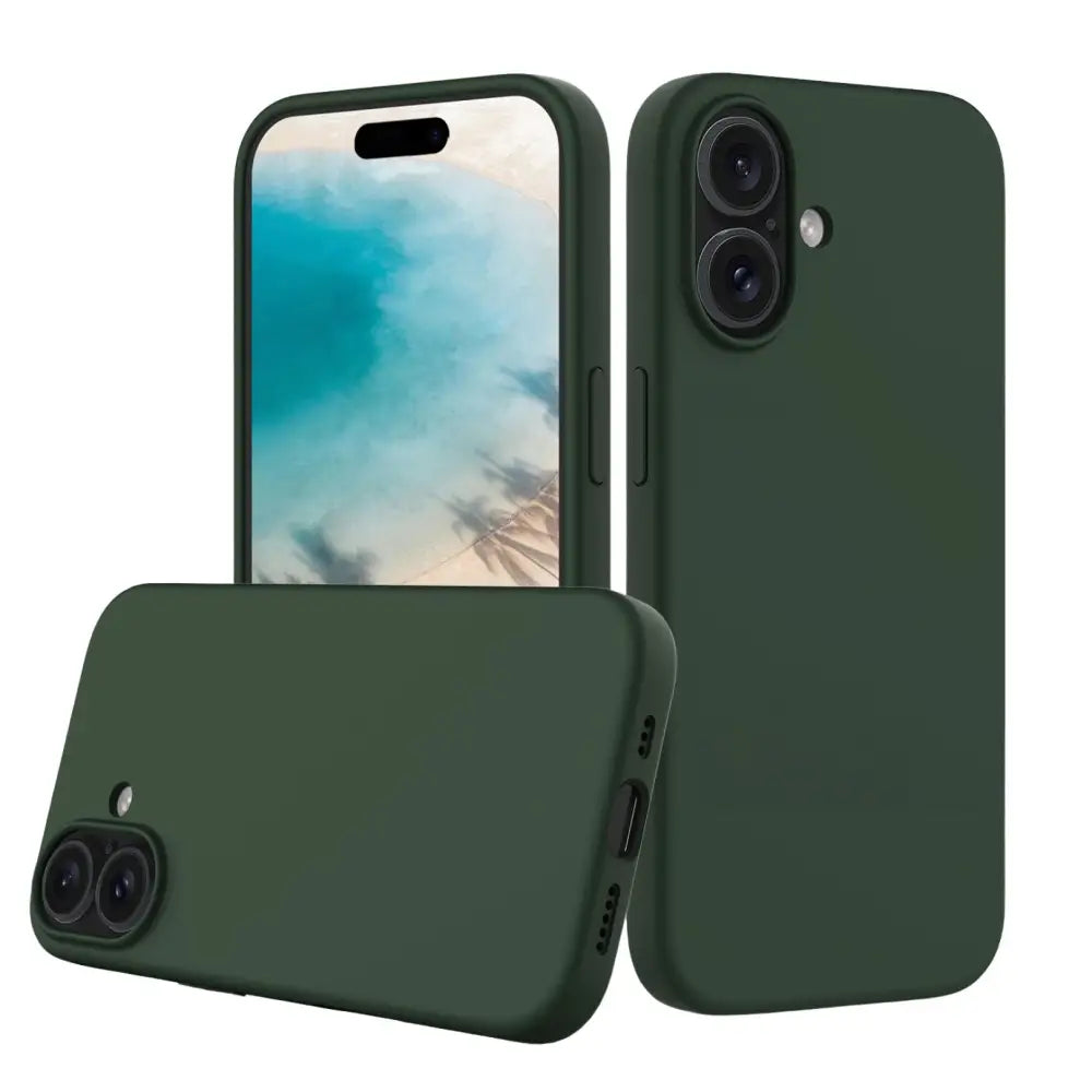 Tumma vihreä MagSafe suojakuori iPhone 16:lle, jossa kaksoiskameraleikkaukset