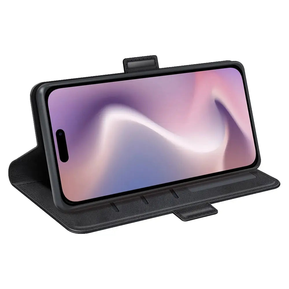 Mustan lompakko suojakotelo iPhone 16 Plus puhelimelle, flip cover design