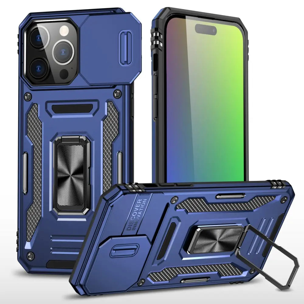Navy sininen iPhone 16 Pro Armor suojakuori, jossa on kestävä kickstand ja suojaava design