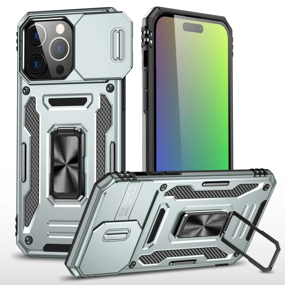 Rugged iPhone 16 Pro Max Armor suojakuori with kickstand and metallic silver finish
