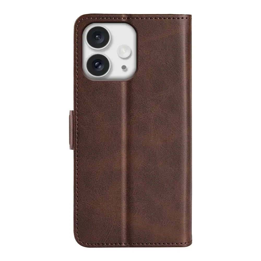 Brown leather lompakko suojakotelo for iPhone 16 Pro Max with dual camera cutout