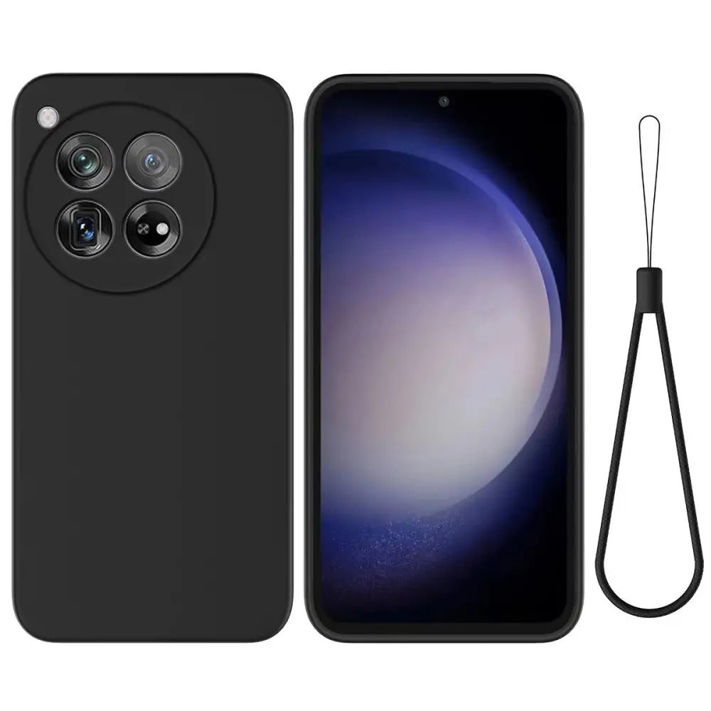 Mustan OnePlus 12R Silikonikuoren kanssa varustettu älypuhelin neljän kameran järjestelmällä