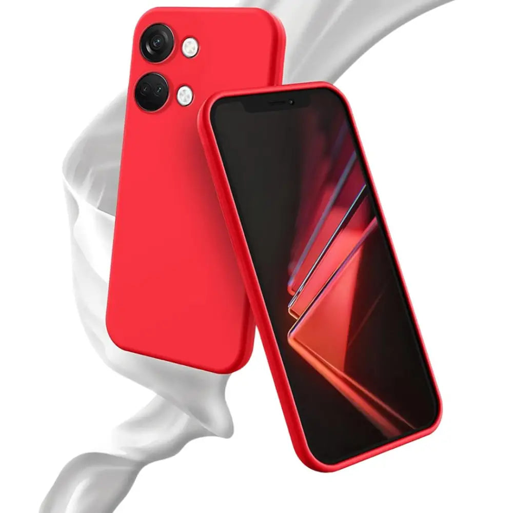 Punainen iPhone dual-kameralla ja OnePlus Nord silikonikuori kuvassa