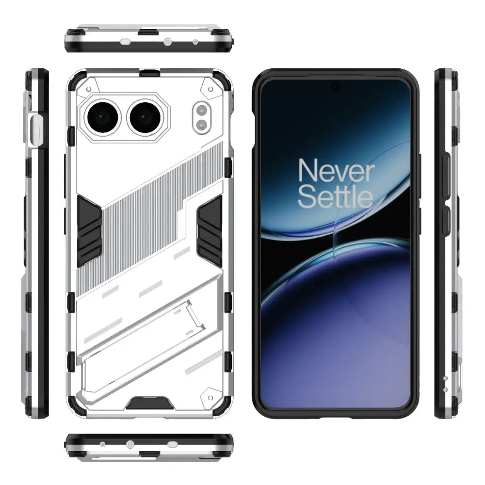 Valkoinen ja musta OnePlus Nord Armor suojakuori, jossa jalka ja kaksoiskamera-auko