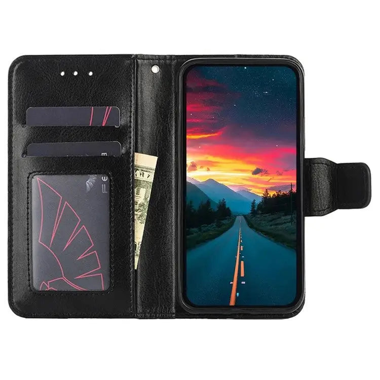 Musta nahkainen lompakko suojakotelo Oppo A18:lle, korttipaikoilla ja auringonlaskuina