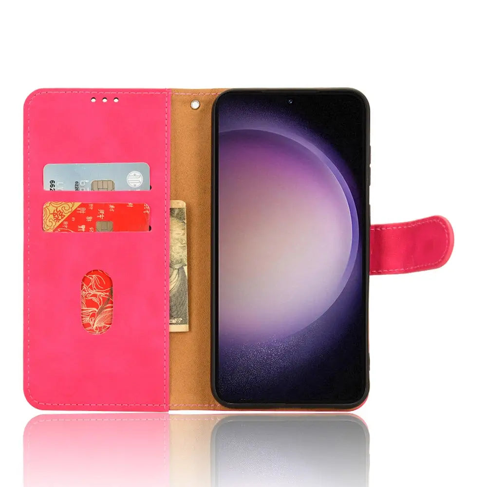 Vaaleanpunainen lompakko suojakuori Samsung Galaxy S23:lle korttipaikoilla ja flip-kannella