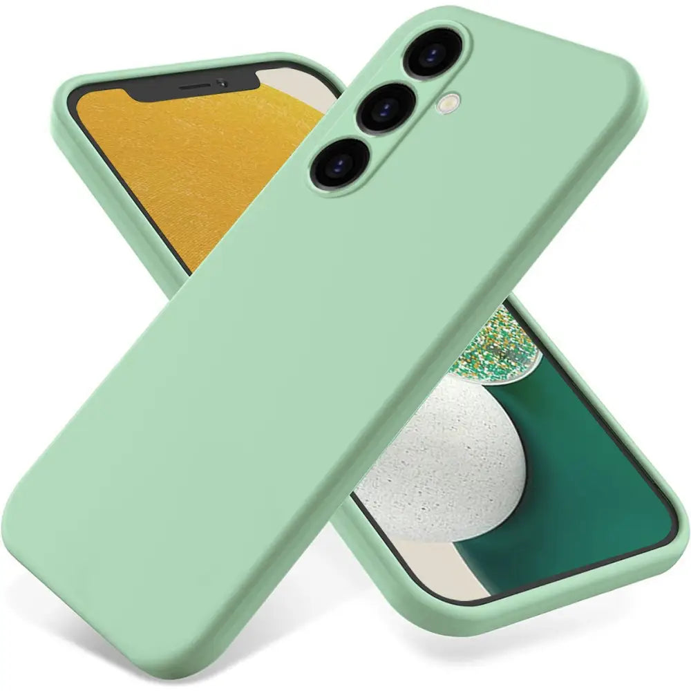 Mint green silicone phone case for Samsung Galaxy S23 FE 5G with triple camera cutouts