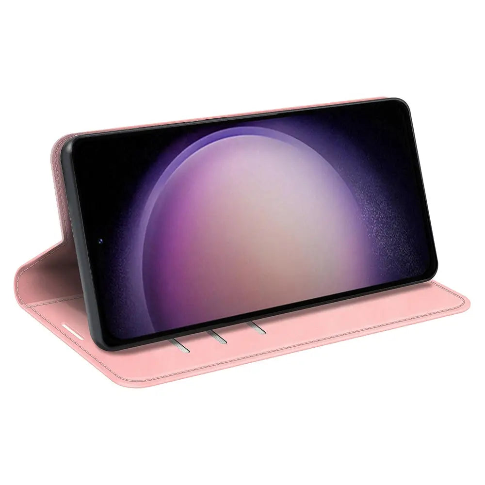 Pink folio case for Samsung Galaxy S24 displaying a purple glowing orb on the screen