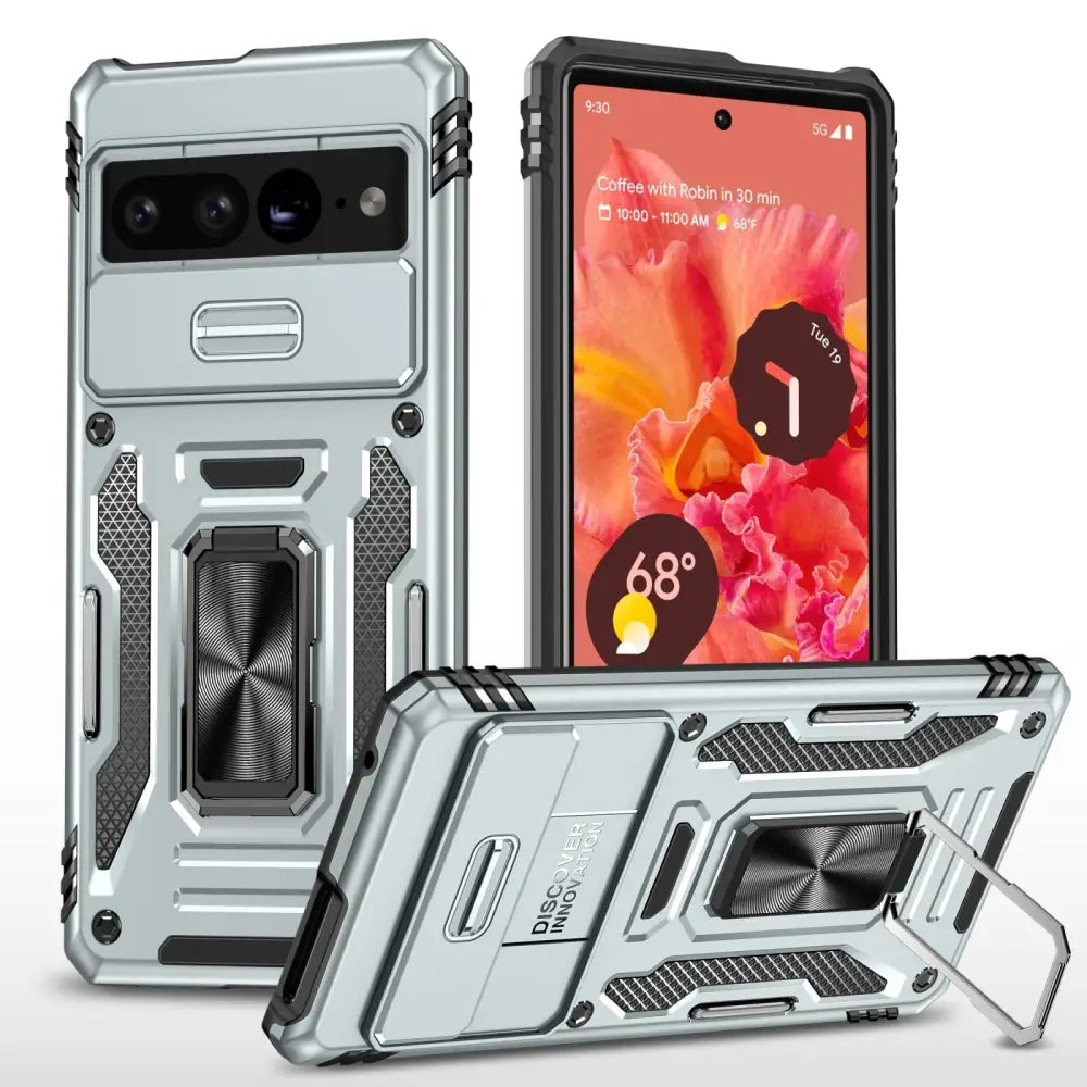 Rugged Google Pixel 9 Pro XL Armor Suojakotelo Harmaa with kickstand and silver finish
