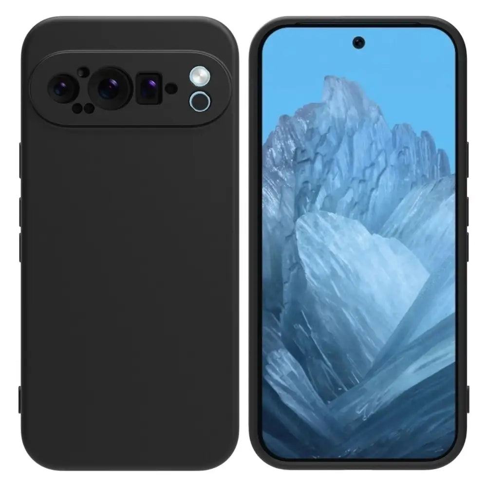 Mustassa Google Pixel 9 Pro XL Silikonikuoressa useita kameraobjektiiveja ja jäävuorikuva