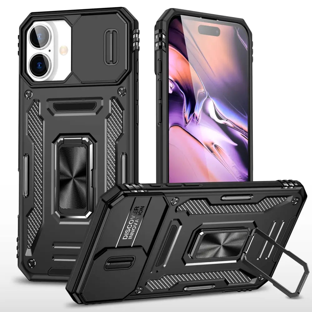 Mustan rugged-suojakuoren kickstandilla iPhone 16 Plus Armor suojakuori