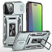 Rugged iPhone 16 Pro Max Armor suojakuori with kickstand and metallic silver finish