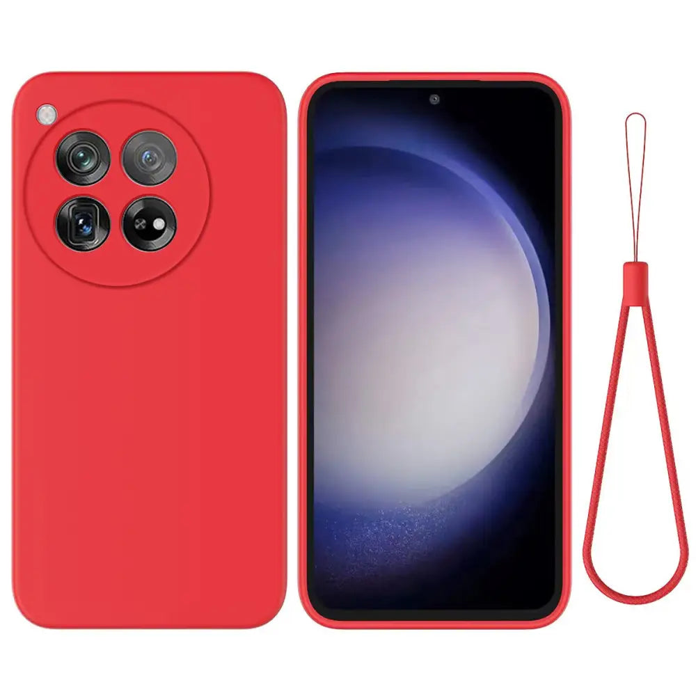Punainen OnePlus 12R silikonikuori, jossa on rannekkeellinen malli ja nelikameraleikkaus