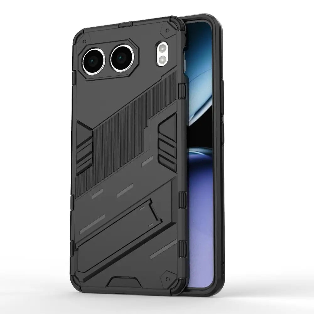 Mustan geometristen kuvioiden ja kickstandin omaava OnePlus Nord Armor suojakuori