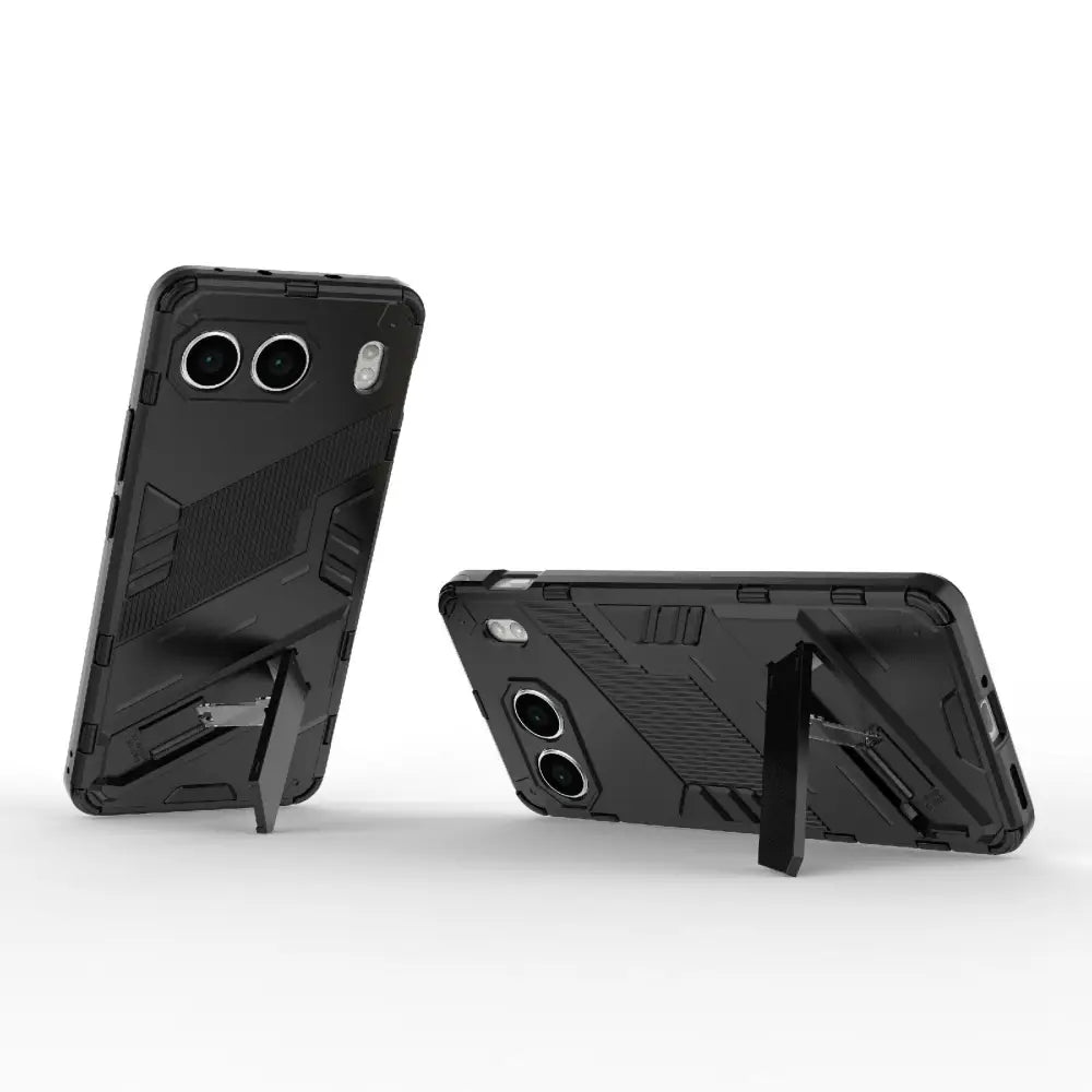 Mustan OnePlus Nord 4 Armor suojakuoren geometrinen muotoilu ja kickstand