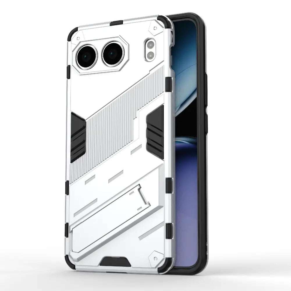 Valkoinen ja musta Armor suojakuori OnePlus Nordille, jossa kickstand ja kaksoiskameraleikkaukset