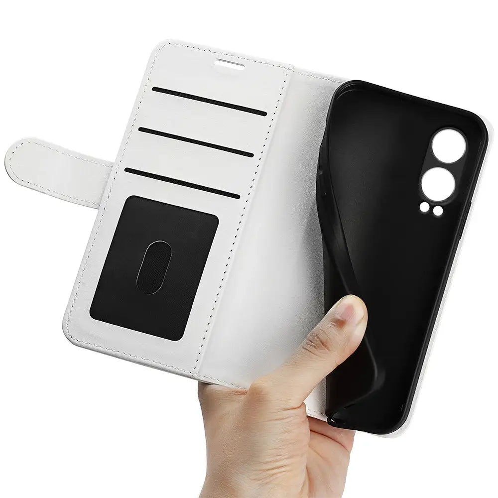 Valkoinen nahkalompakko suojakotelo OnePlus Nord CE 4 Lite erottuvaan tyyliin