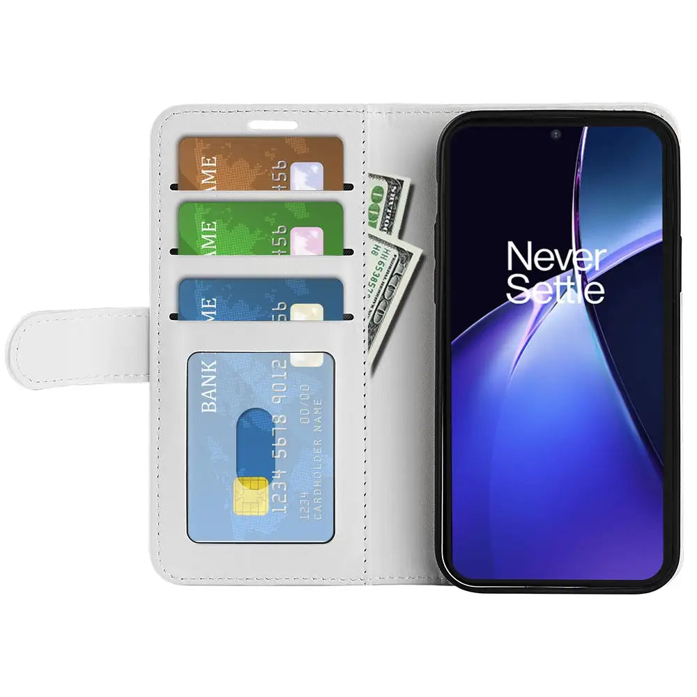 Valkoinen Lite Lompakko Suojakotelo OnePlus Nord CE 4 ja korttipaikoilla