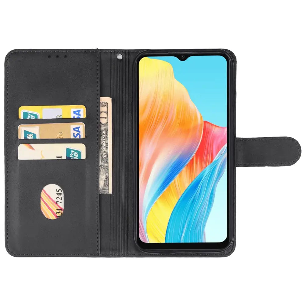 Musta nahkainen lompakko suojakotelo Oppo A18 / A38 korttipaikoilla ja näytöllä
