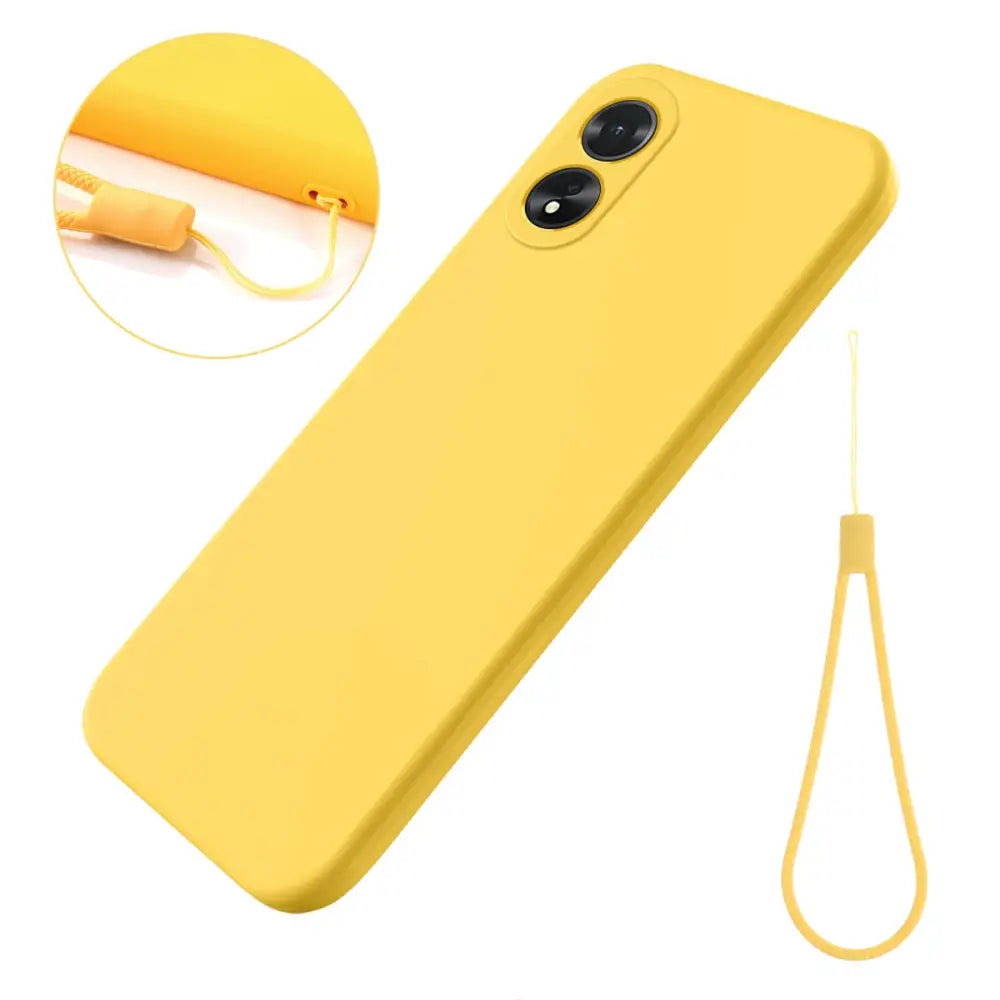 Keltainen silikonikuori ja hihna Oppo A18 täydellisesti puhelimen suojaksi