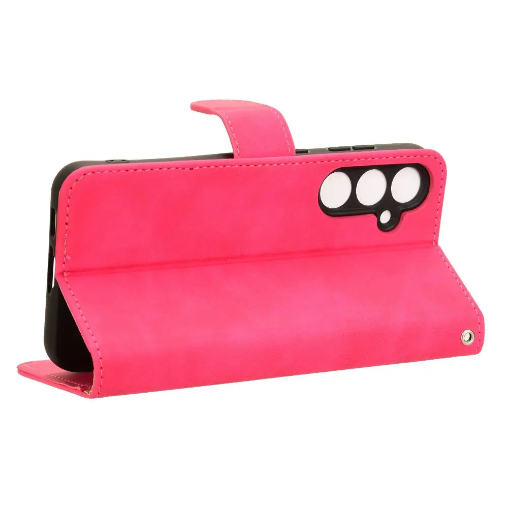 Vaaleanpunainen lompakkomallinen suojakuori Samsung Galaxy S23 FE 5G:lle kameraleikkauksilla