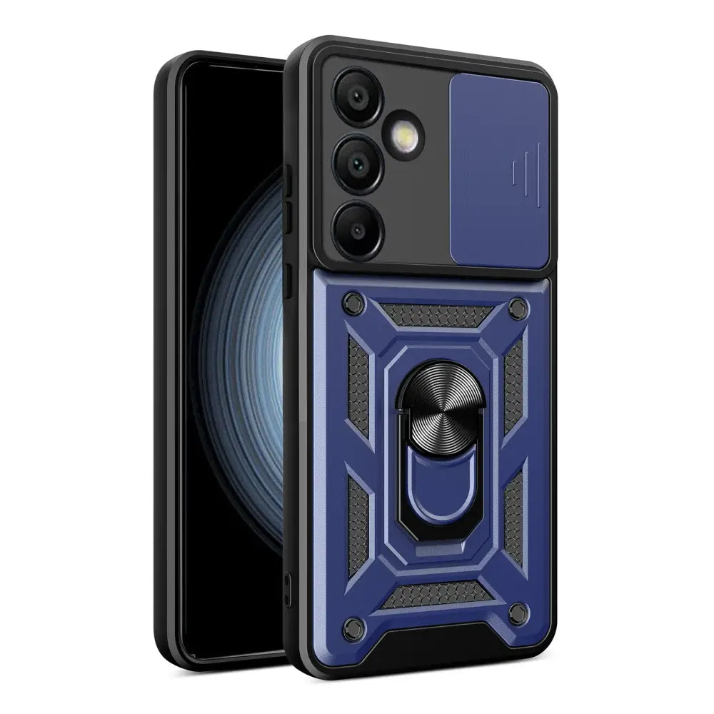 Sininen ja musta Samsung Galaxy S24 FE 5G suojakuori rengasholdereilla ja geometristä muotoilua