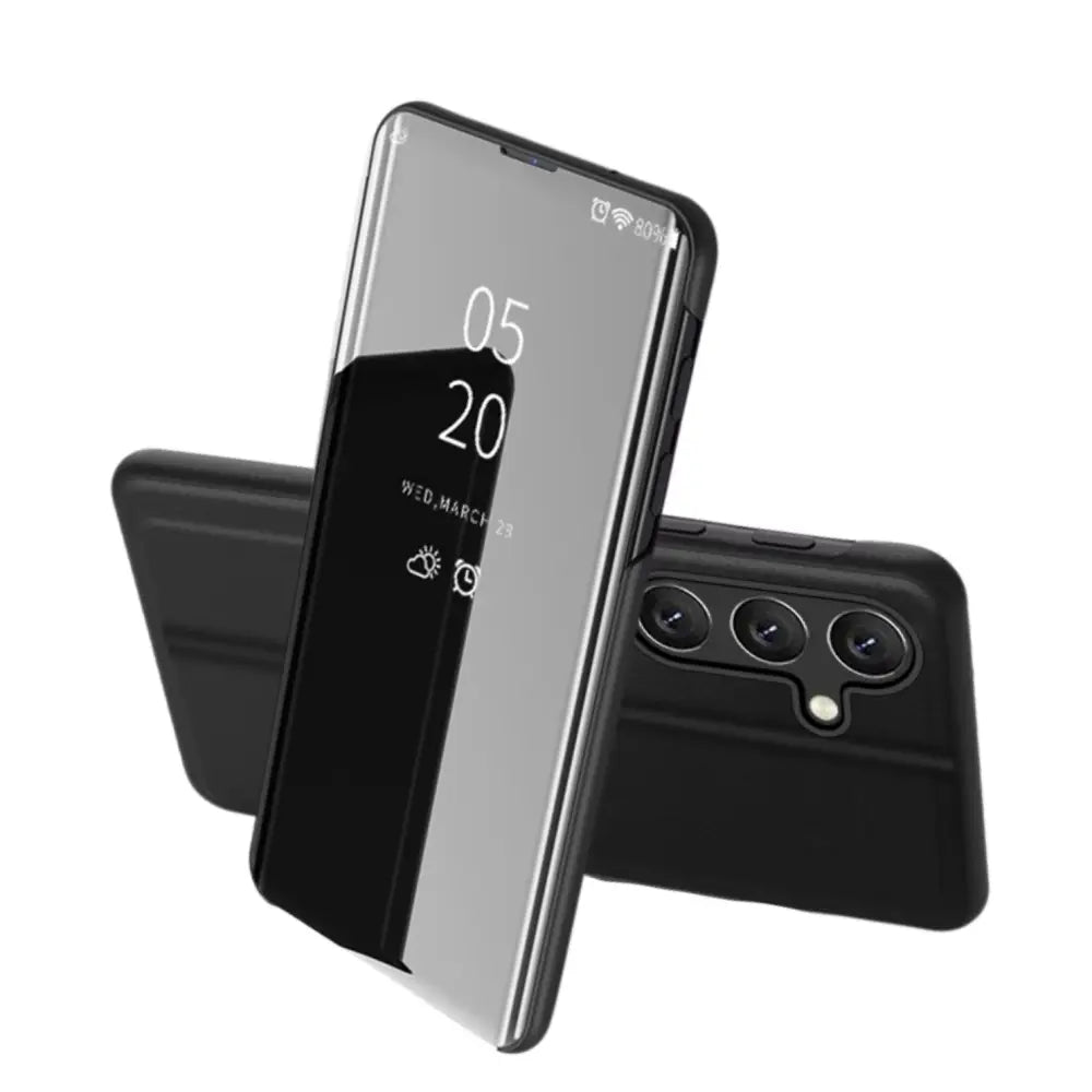 Mustan Samsung Galaxy S24 FE 5G Flip suojakuoren peilipinta ja kolminkertainen kamera